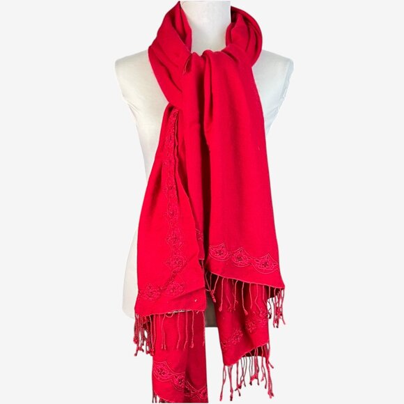 Pashmina red embroidered silk blend - Picture 1 of 9